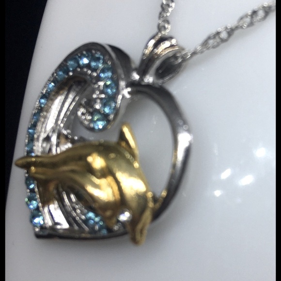 Unique Gold Dolphin Jumping Thru A Wave In Side Of A ❤️ Pendant Silver  Necklace - Picture 2 of 4